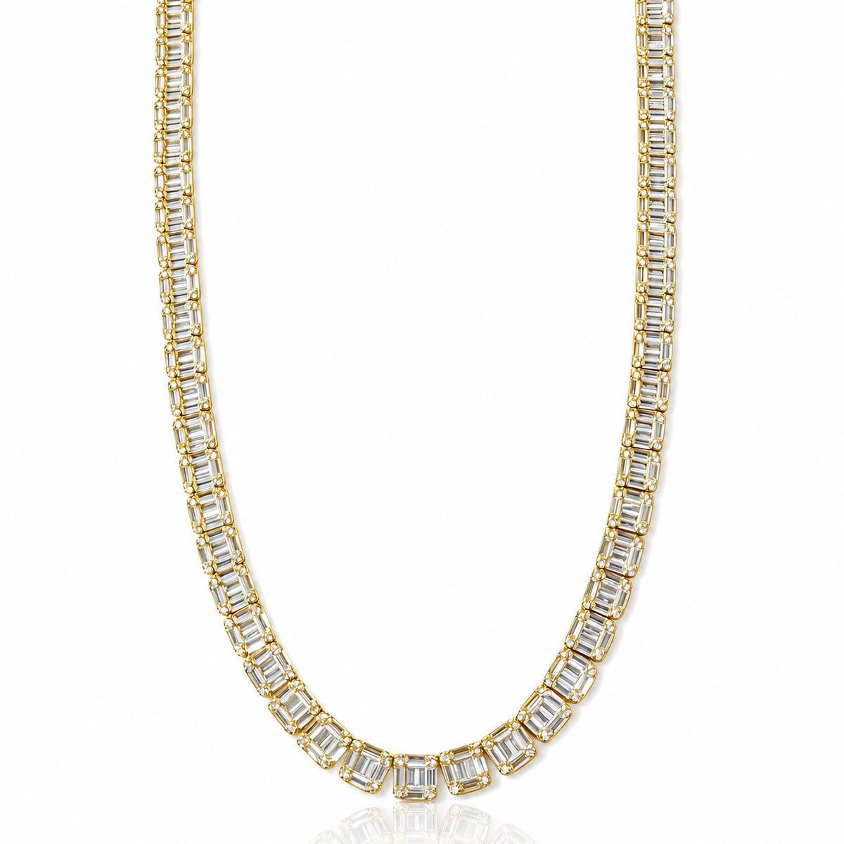 6.5mm baguette tennis chain in 925 sterling silver, gold plated, set with cubic zirconia stones