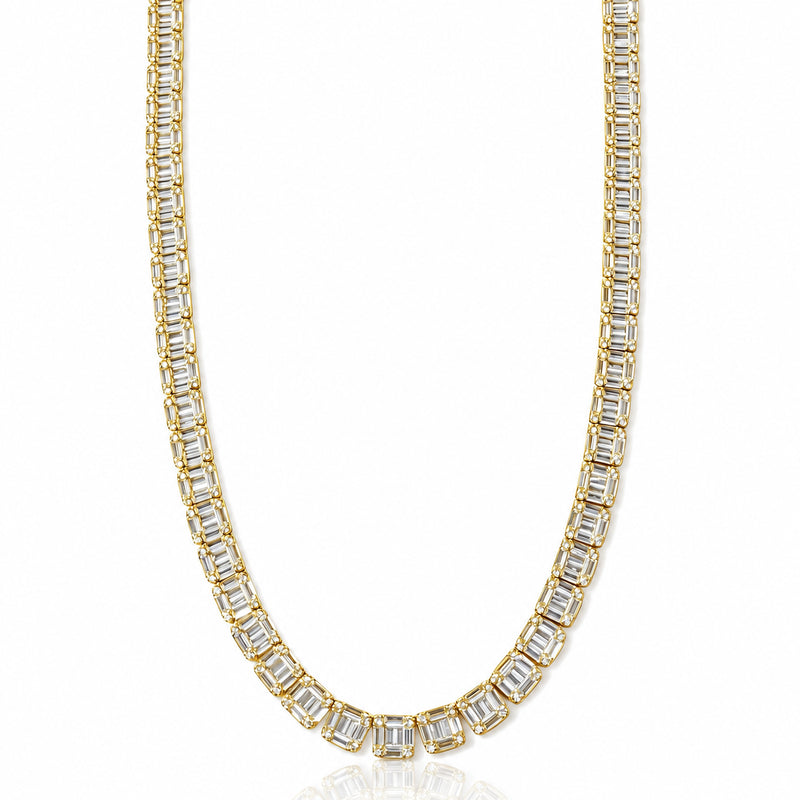 6.5mm baguette tennis chain in 925 sterling silver, gold plated, set with cubic zirconia stones