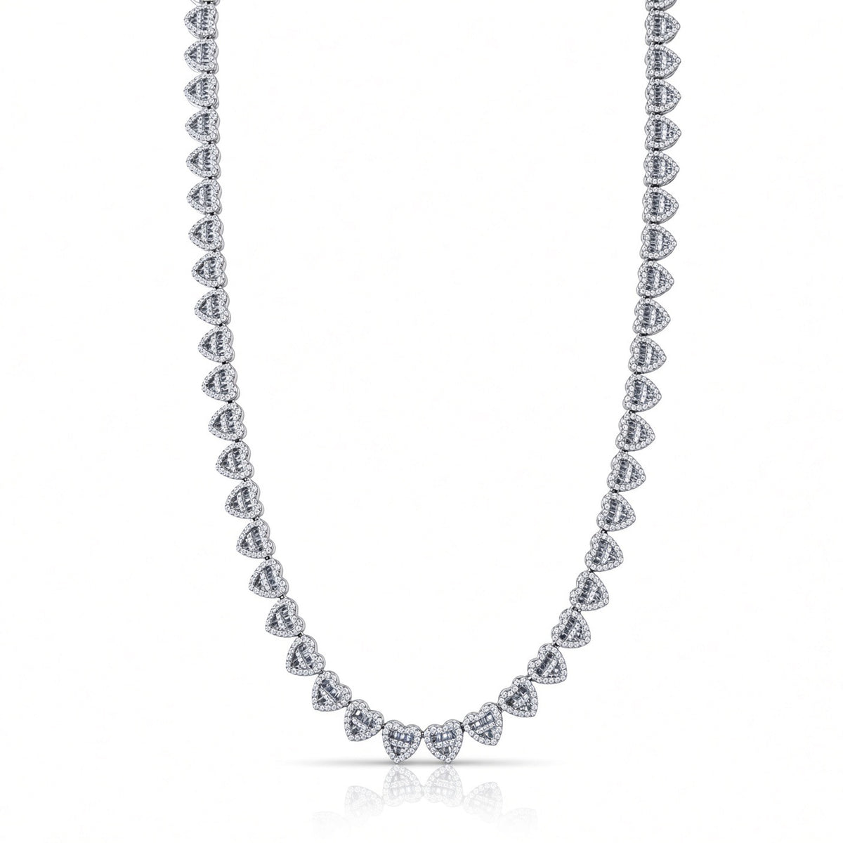 7mm heart baguette necklace in 925 sterling silver, rhodium plated, set with cubic zirconia stones