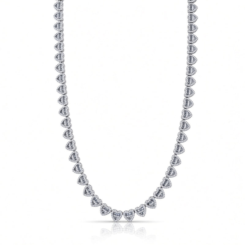 7mm heart baguette necklace in 925 sterling silver, rhodium plated, set with cubic zirconia stones
