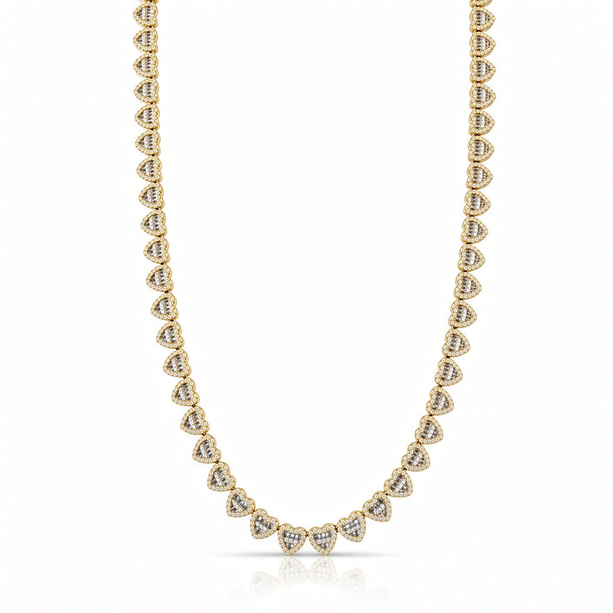 7mm heart baguette necklace in 925 sterling silver, gold plated, set with cubic zirconia stones