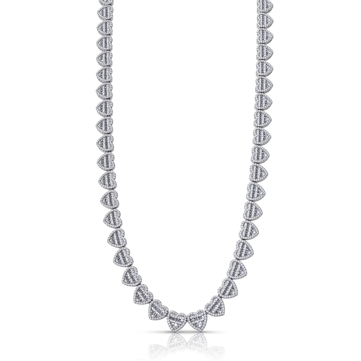 9mm heart baguette necklace in 925 sterling silver, rhodium plated, set with cubic zirconia stones