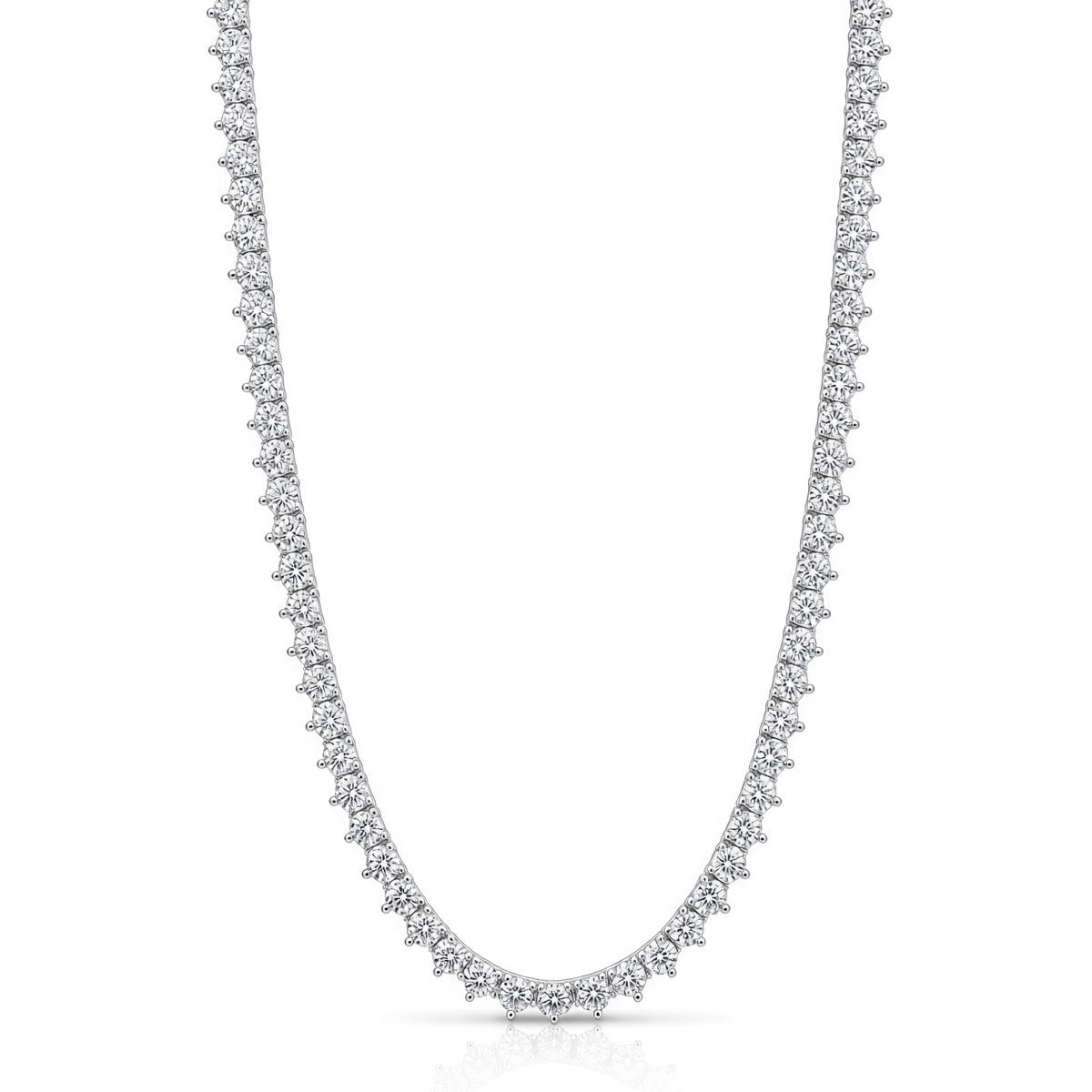 4mm 3-prong tennis chain in 925 sterling silver, rhodium plated, set with cubic zirconia stones