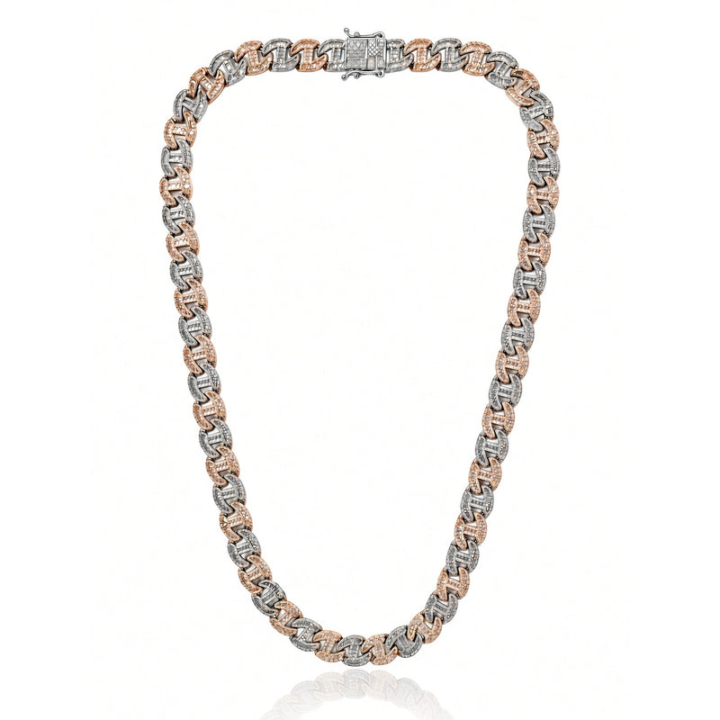 12mm champion cuban chain in 925 sterling silver, two-tone rose, set with cubic zirconia stones