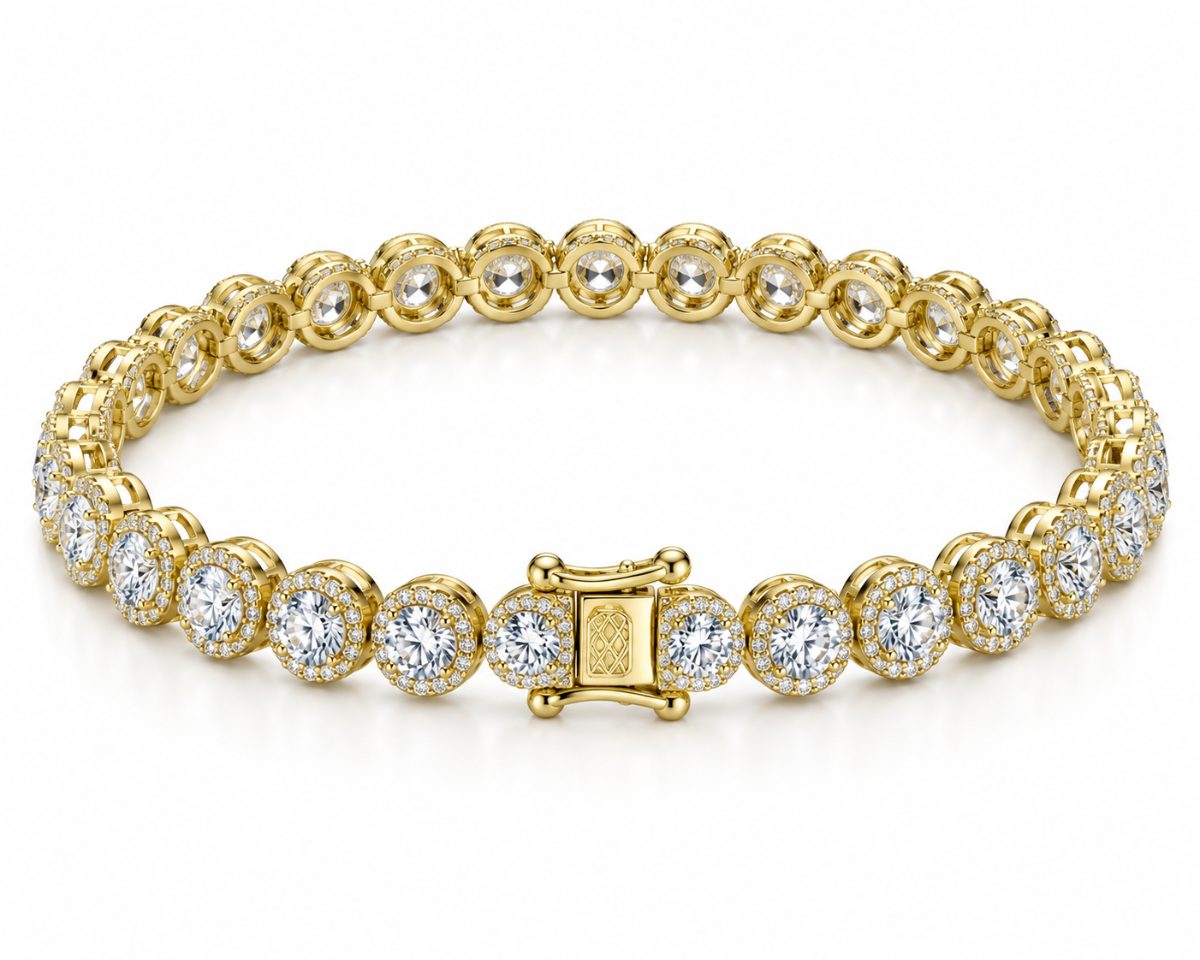 6.5mm halo bezel tennis bracelet in 925 sterling silver, gold plated, set with cubic zirconia stones