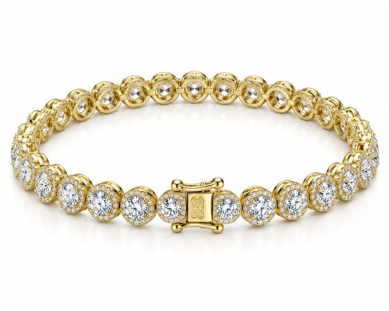 6.5mm halo bezel tennis bracelet in 925 sterling silver, gold plated, set with cubic zirconia stones