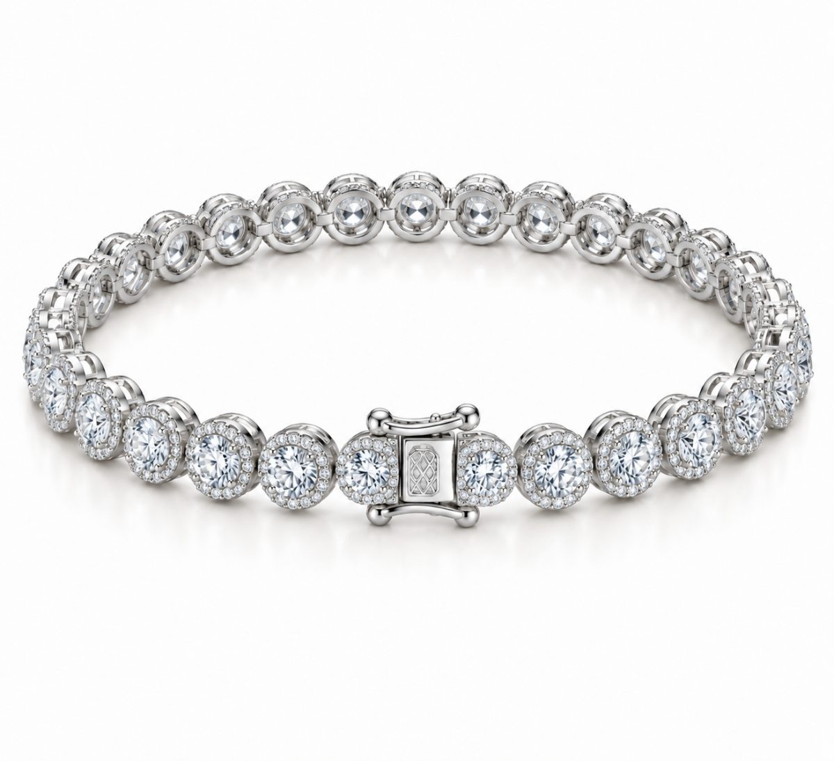 6.5mm halo bezel tennis bracelet in 925 sterling silver, rhodium plated, set with cubic zirconia stones
