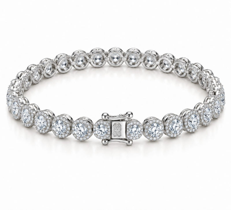 6.5mm halo bezel tennis bracelet in 925 sterling silver, rhodium plated, set with cubic zirconia stones