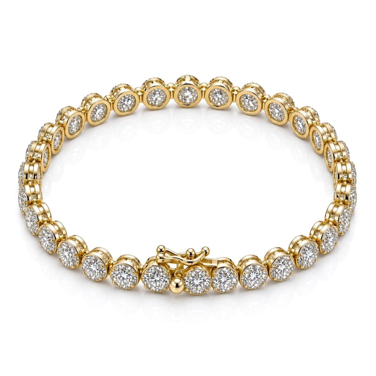 6.5mm flat bezel tennis bracelet in 925 sterling silver, gold plated, set with cubic zirconia stones