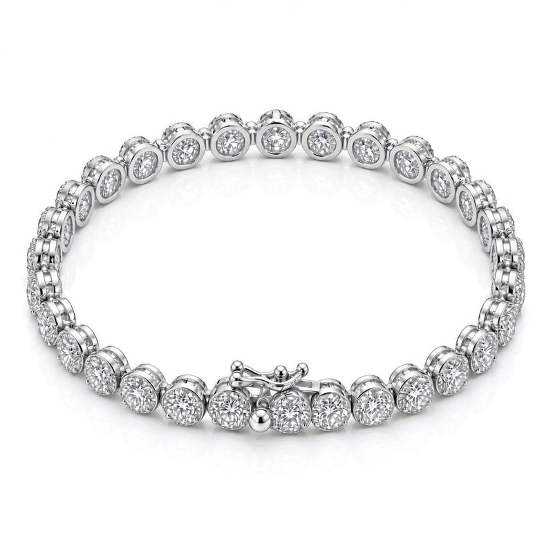 6.5mm flat bezel tennis bracelet in 925 sterling silver, rhodium plated, set with cubic zirconia stones