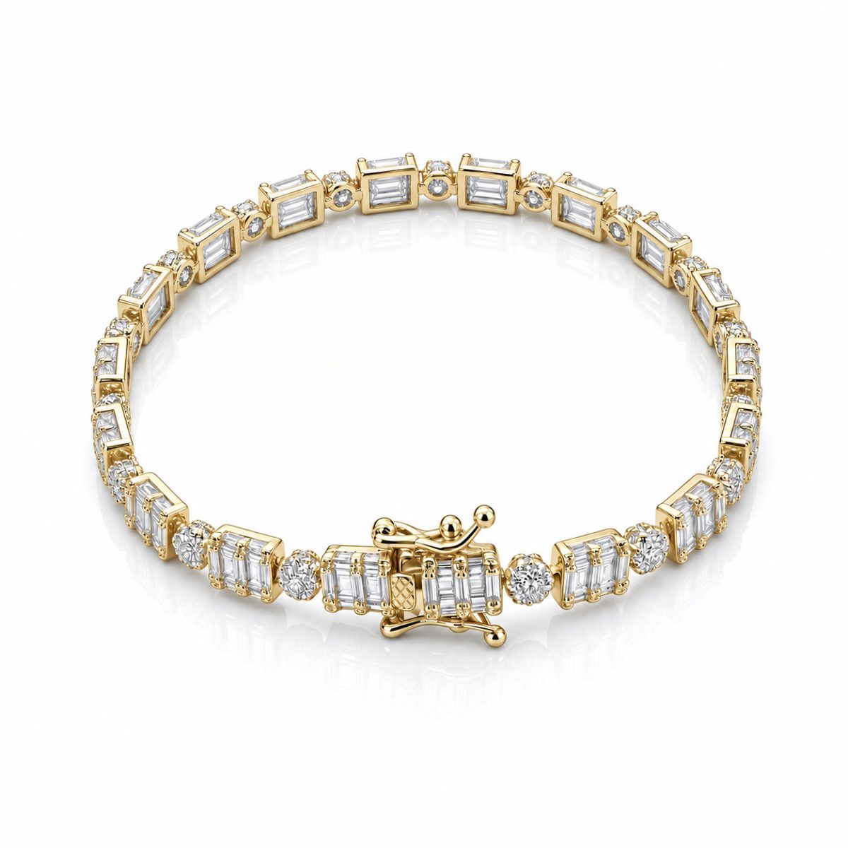 6.5mm baguette cluster tennis bracelet in 925 sterling silver, gold plated, set with cubic zirconia stones