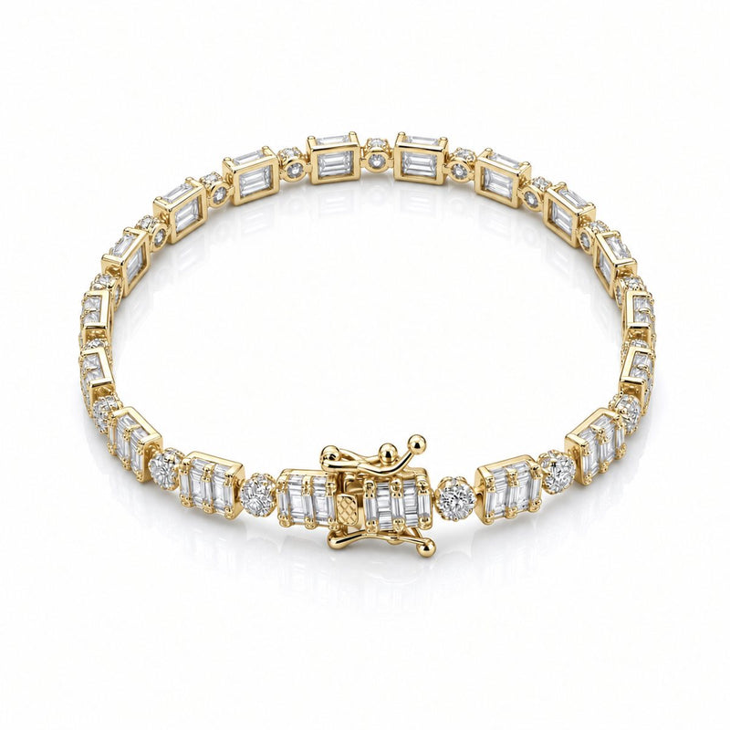 6.5mm baguette cluster tennis bracelet in 925 sterling silver, gold plated, set with cubic zirconia stones