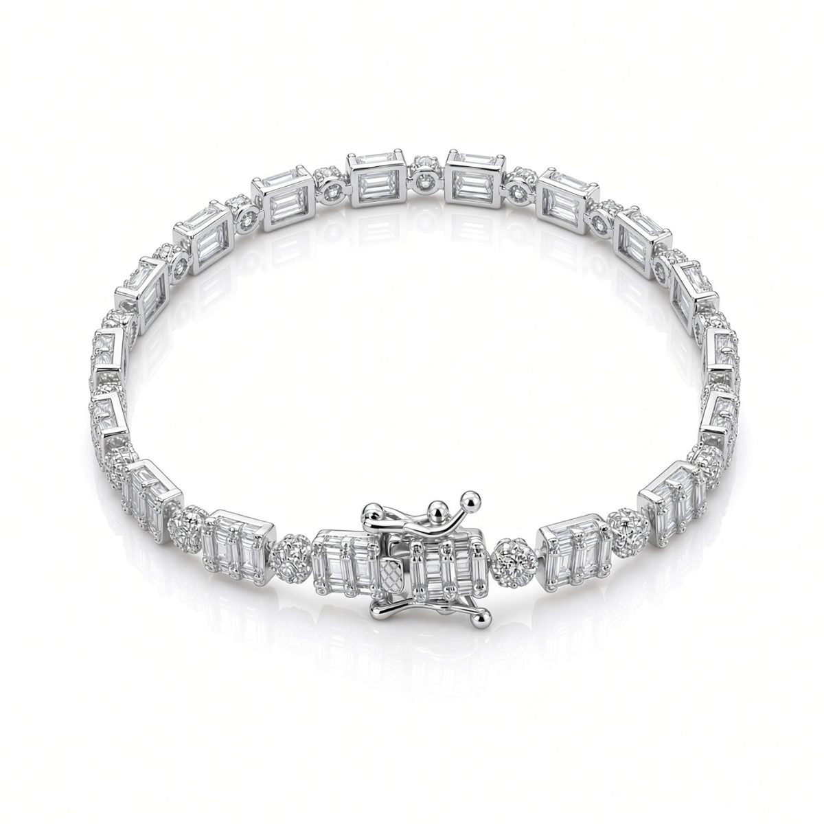 6.5mm baguette cluster tennis bracelet in 925 sterling silver, rhodium plated, set with cubic zirconia stones