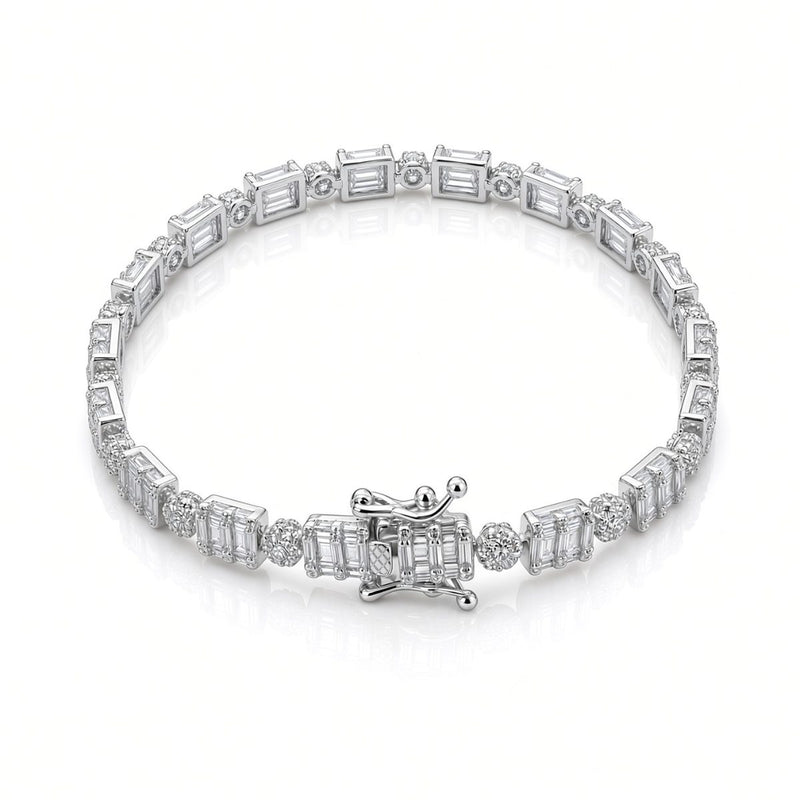 6.5mm baguette cluster tennis bracelet in 925 sterling silver, rhodium plated, set with cubic zirconia stones