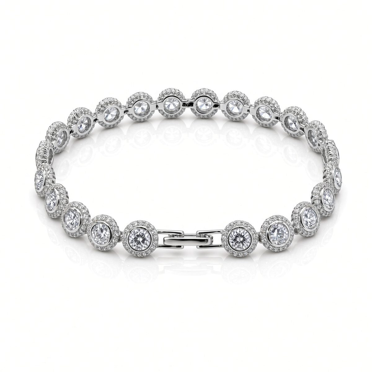 8.5mm flat halo bezel tennis bracelet in 925 sterling silver, rhodium plated, set with cubic zirconia stones