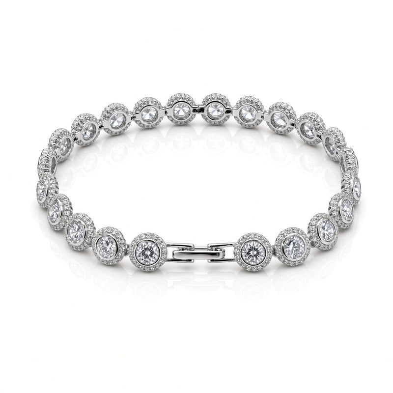 8.5mm flat halo bezel tennis bracelet in 925 sterling silver, rhodium plated, set with cubic zirconia stones