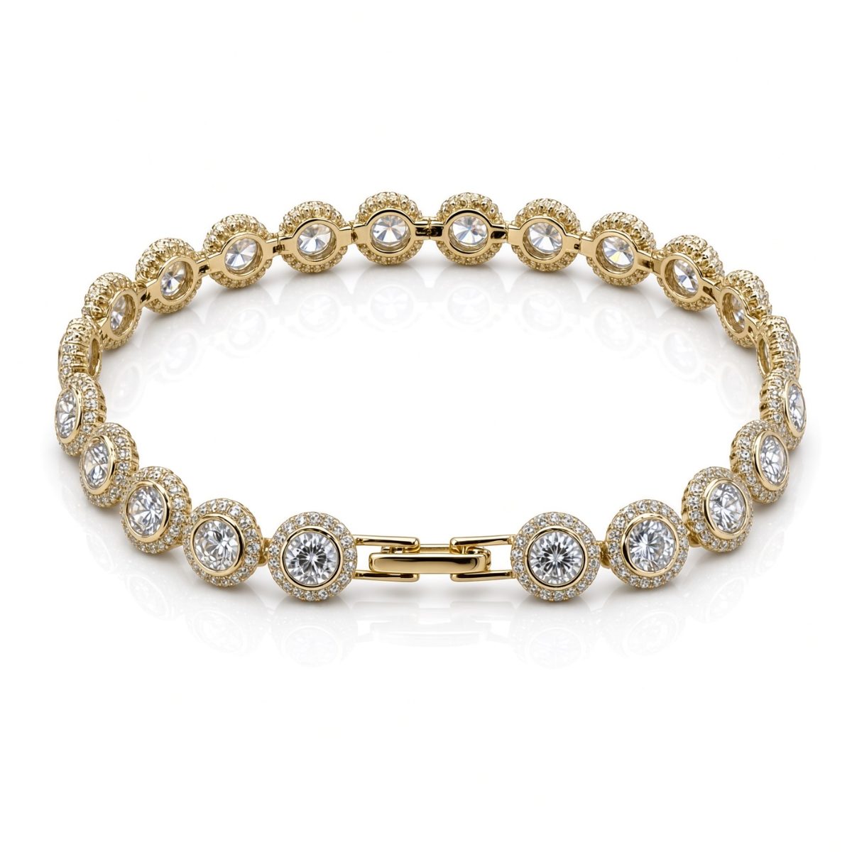 8.5mm flat halo bezel tennis bracelet in 925 sterling silver, gold plated, set with cubic zirconia stones