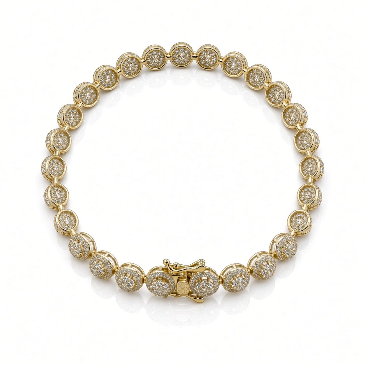 6.5mm pave bezel tennis bracelet in 925 sterling silver, gold plated, set with cubic zirconia stones