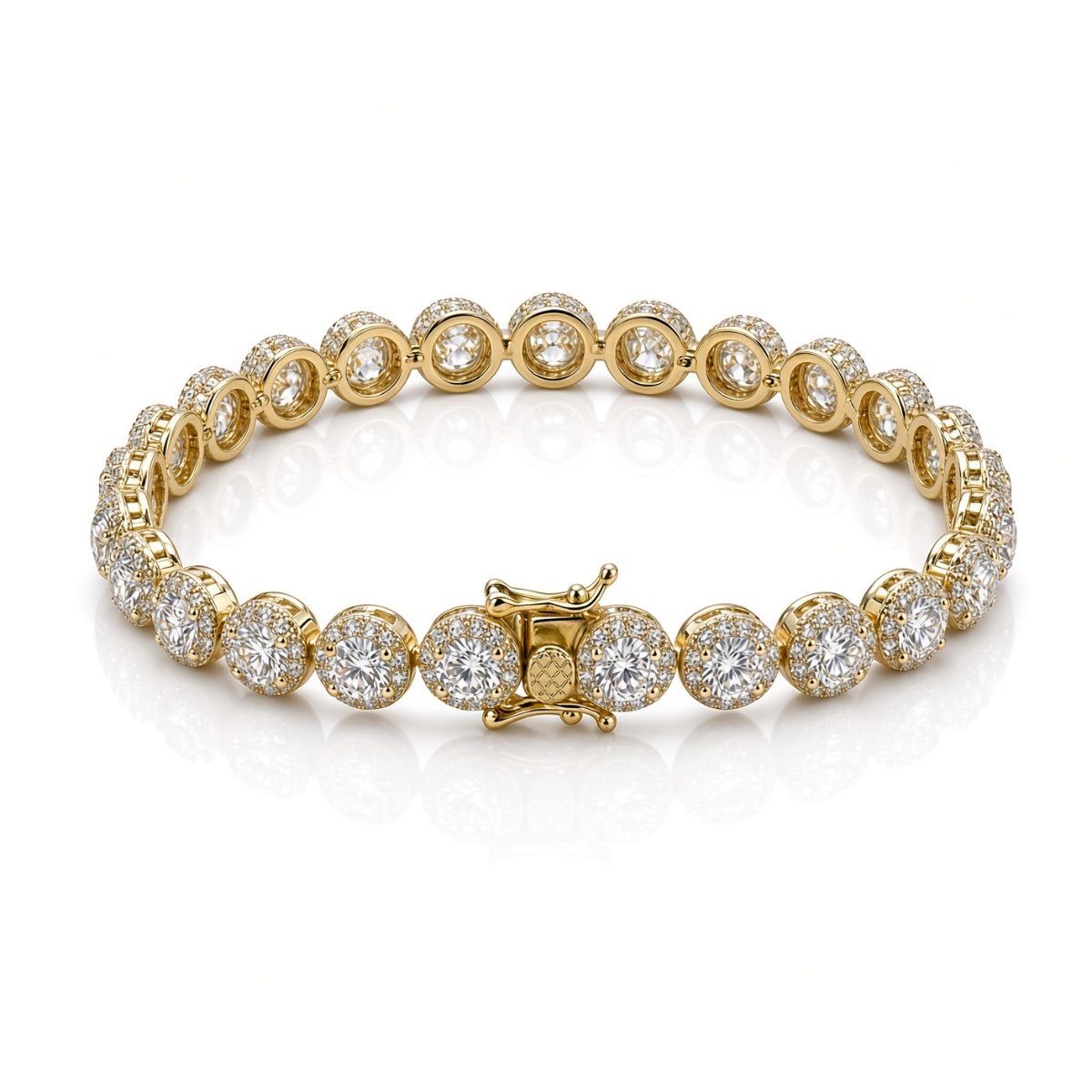7mm halo bezel tennis bracelet in 925 sterling silver, gold plated, set with cubic zirconia stones
