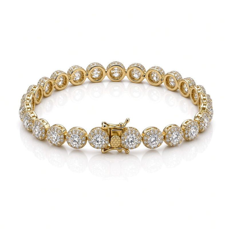 7mm halo bezel tennis bracelet in 925 sterling silver, gold plated, set with cubic zirconia stones