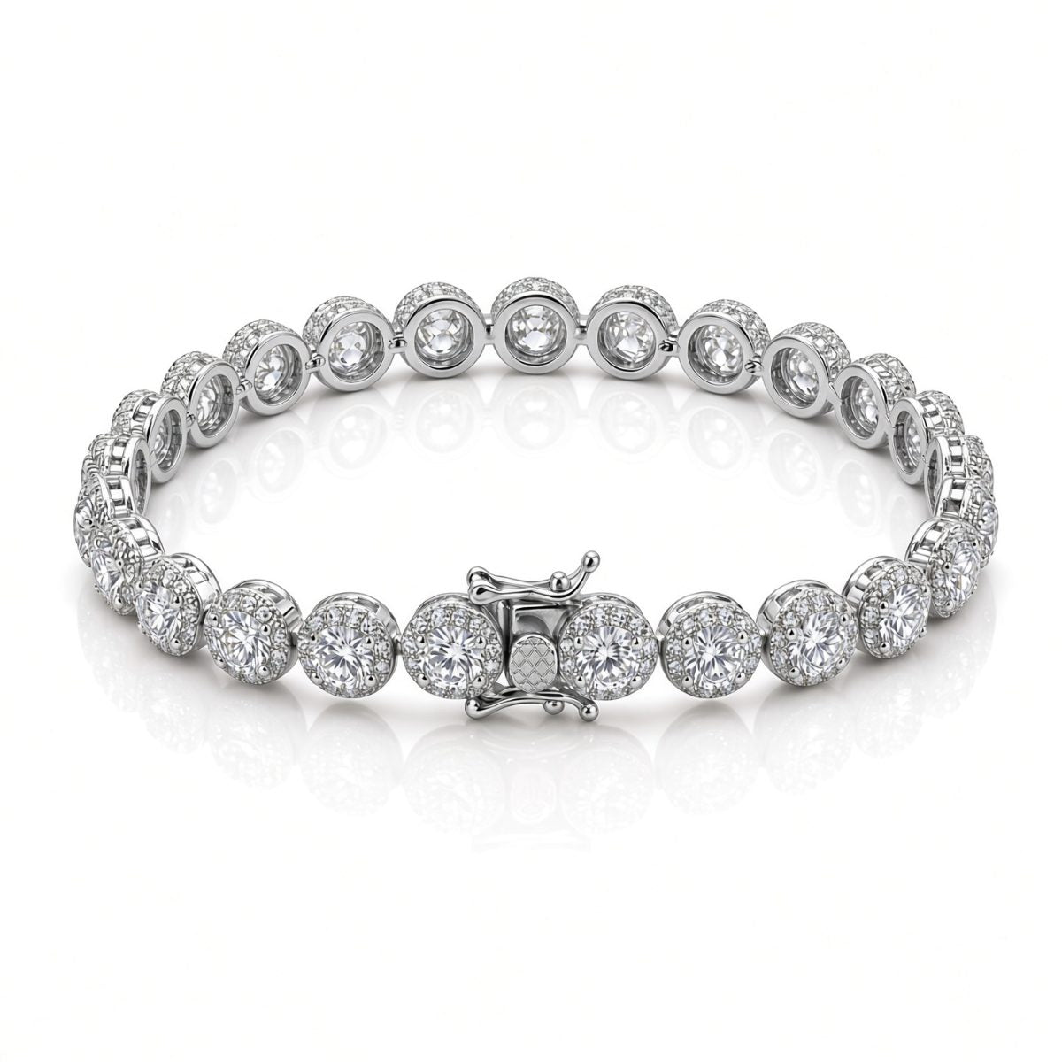 7mm halo bezel tennis bracelet in 925 sterling silver, rhodium plated, set with cubic zirconia stones