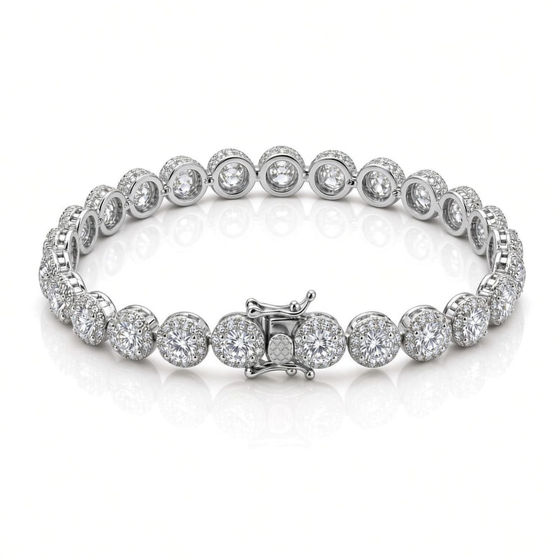 7mm halo bezel tennis bracelet in 925 sterling silver, rhodium plated, set with cubic zirconia stones