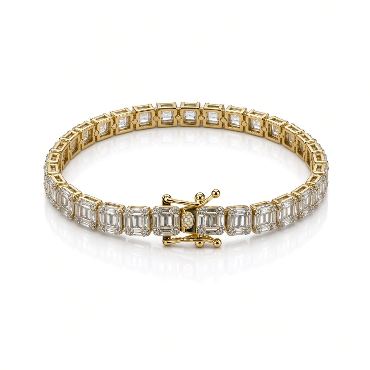 6.5mm baguette tennis bracelet in 925 sterling silver, gold plated, set with cubic zirconia stones