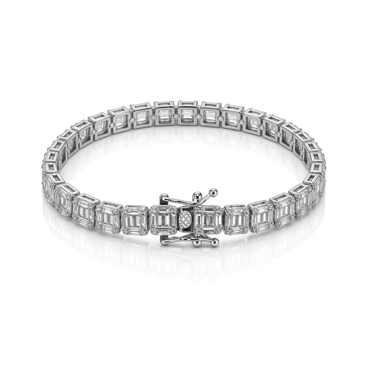 6.5mm baguette tennis bracelet in 925 sterling silver, rhodium plated, set with cubic zirconia stones