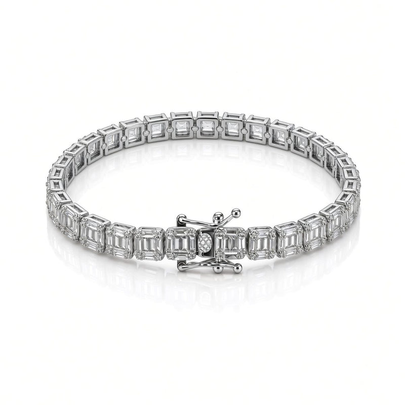 6.5mm baguette tennis bracelet in 925 sterling silver, rhodium plated, set with cubic zirconia stones