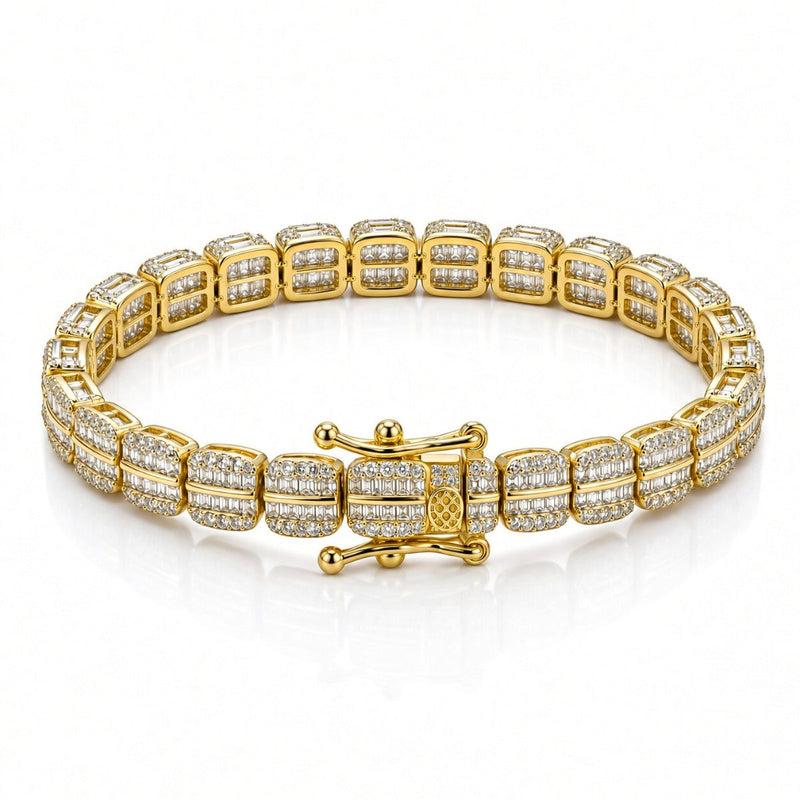 6.5mm two-row baguette tennis bracelet in 925 sterling silver, gold plated, set with cubic zirconia stones