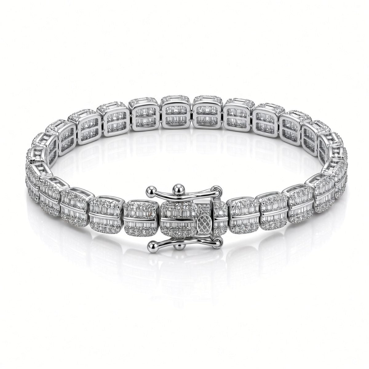 6.5mm two-row baguette tennis bracelet in 925 sterling silver, rhodium plated, set with cubic zirconia stones