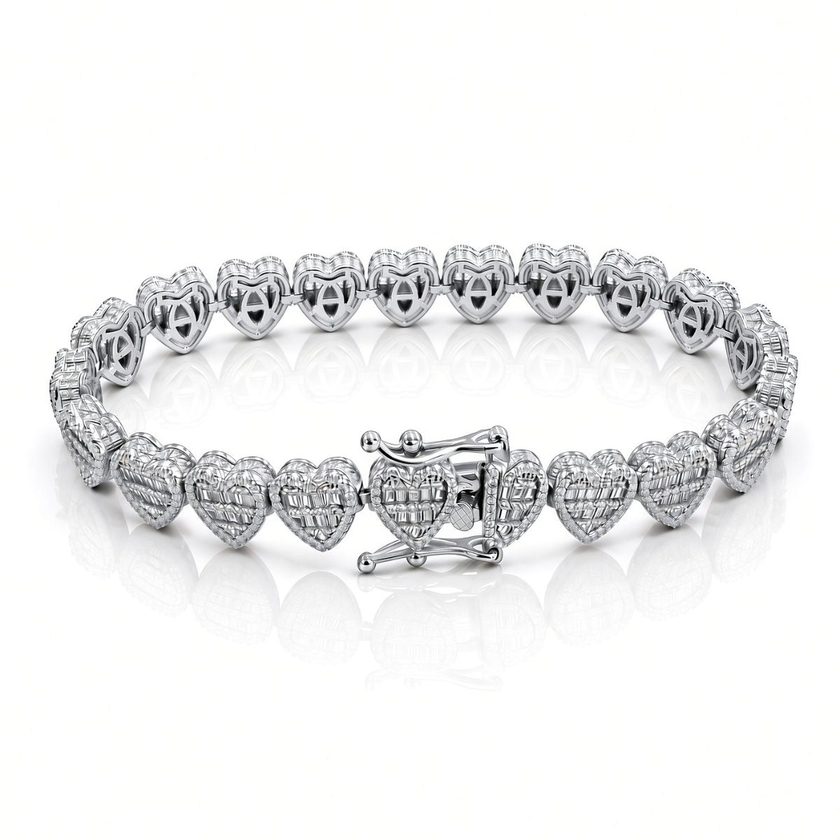 9mm heart baguette bracelet in 925 sterling silver, rhodium plated, set with cubic zirconia stones