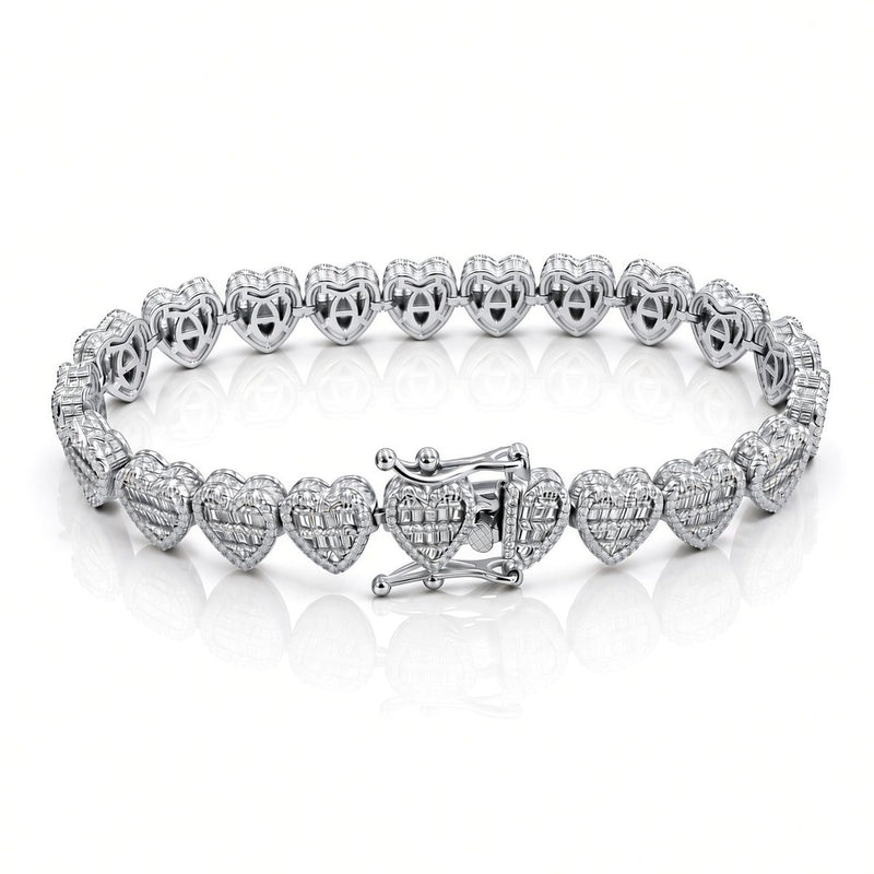 9mm heart baguette bracelet in 925 sterling silver, rhodium plated, set with cubic zirconia stones