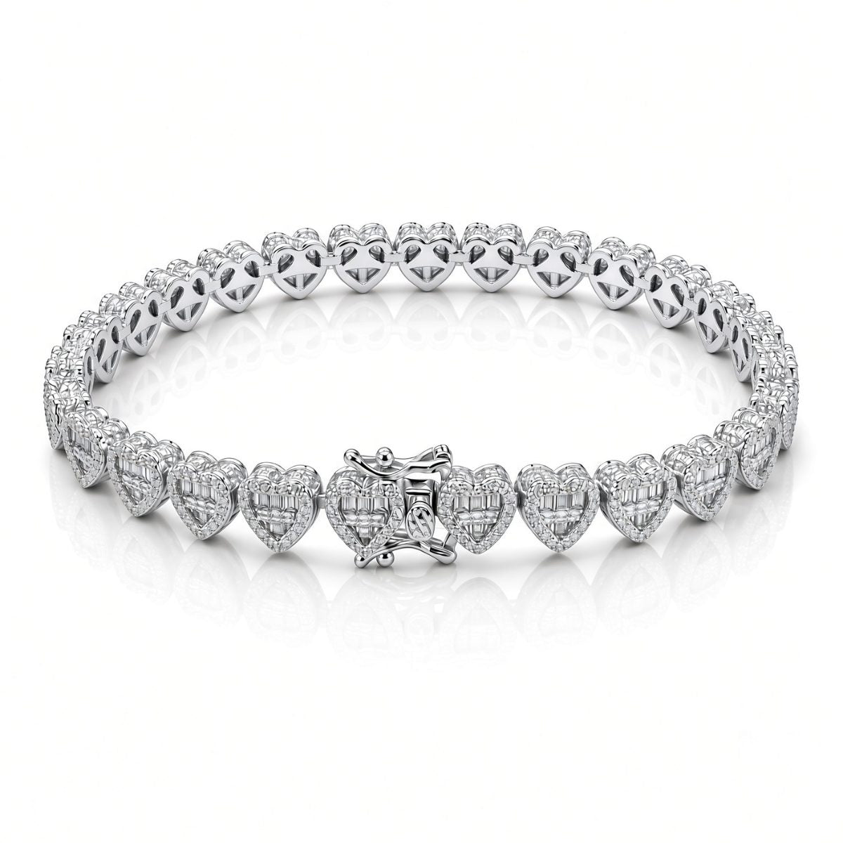 7mm heart baguette bracelet in 925 sterling silver, rhodium plated, set with cubic zirconia stones
