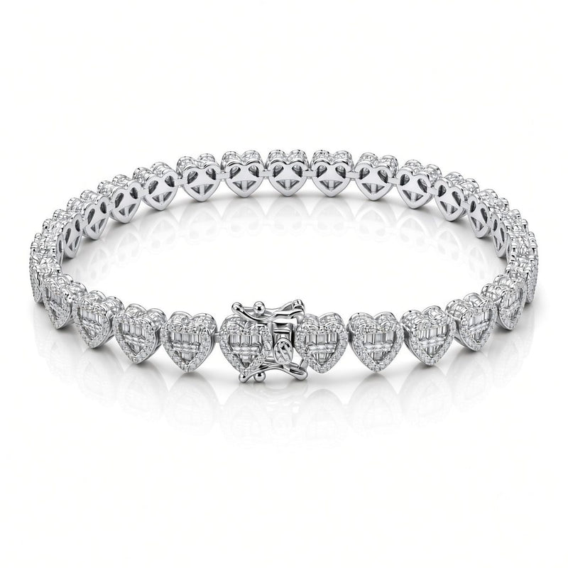 7mm heart baguette bracelet in 925 sterling silver, rhodium plated, set with cubic zirconia stones