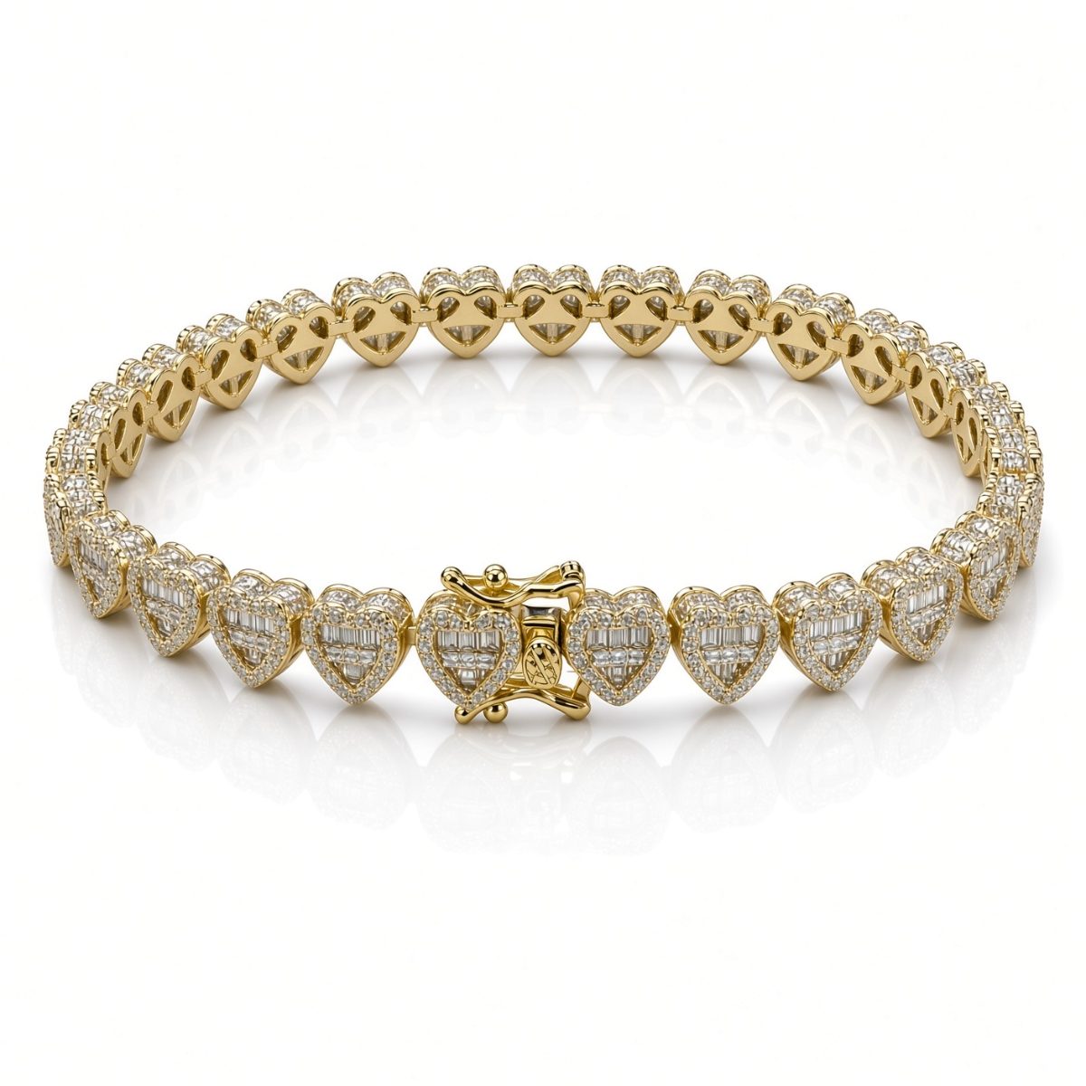 7mm heart baguette bracelet in 925 sterling silver, gold plated, set with cubic zirconia stones