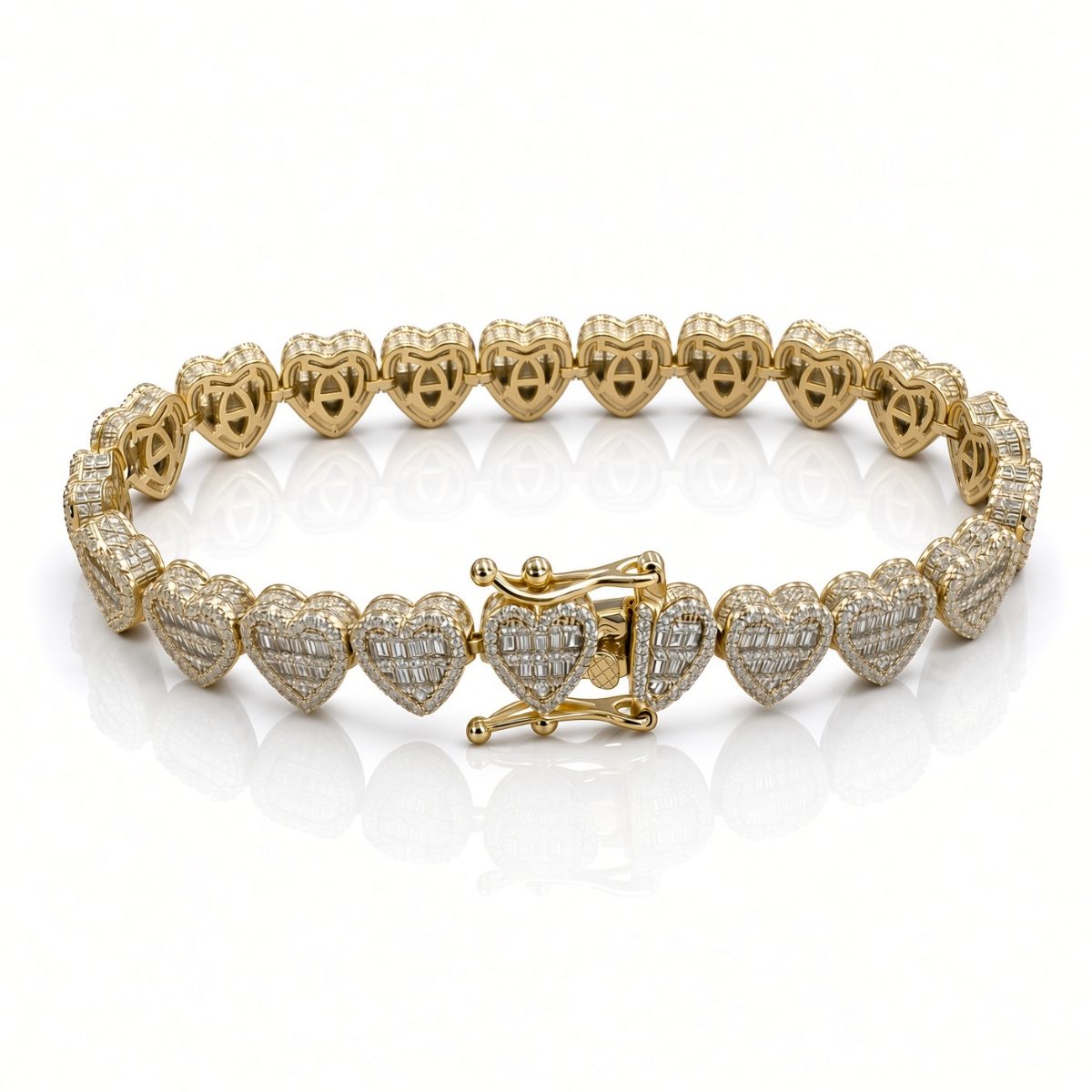 9mm heart baguette bracelet in 925 sterling silver, gold plated, set with cubic zirconia stones