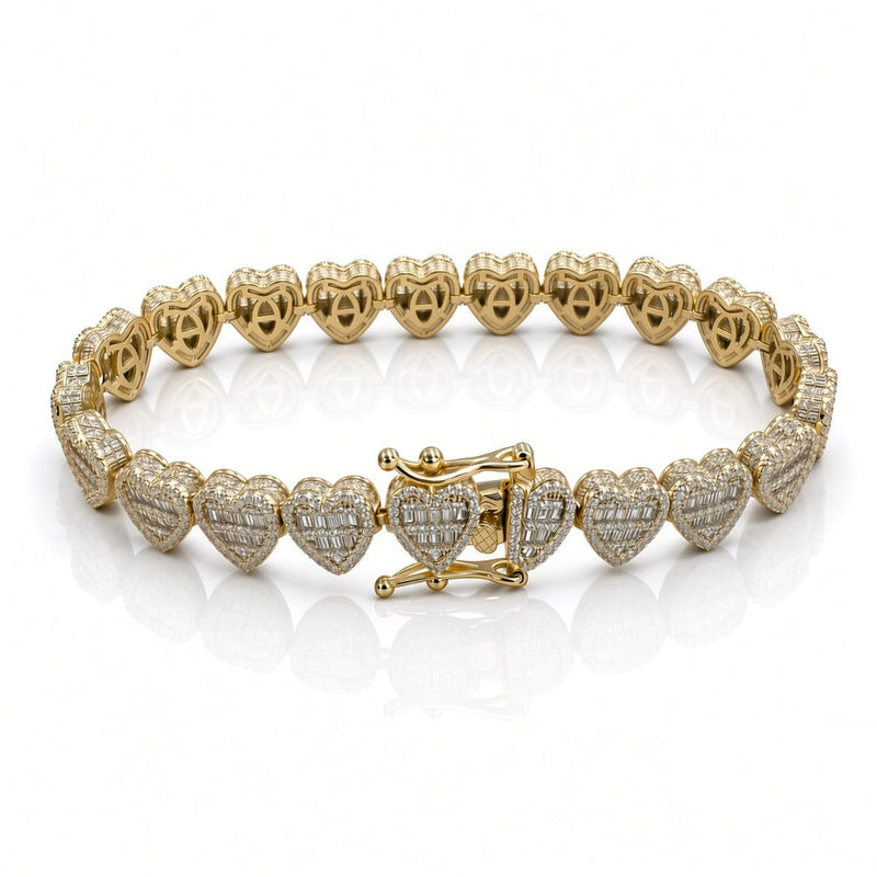 9mm heart baguette bracelet in 925 sterling silver, gold plated, set with cubic zirconia stones