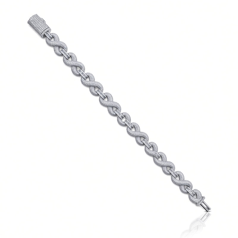 11.5mm men's pave infinity bracelet in 925 sterling silver, rhodium plated, set with cubic zirconia stones