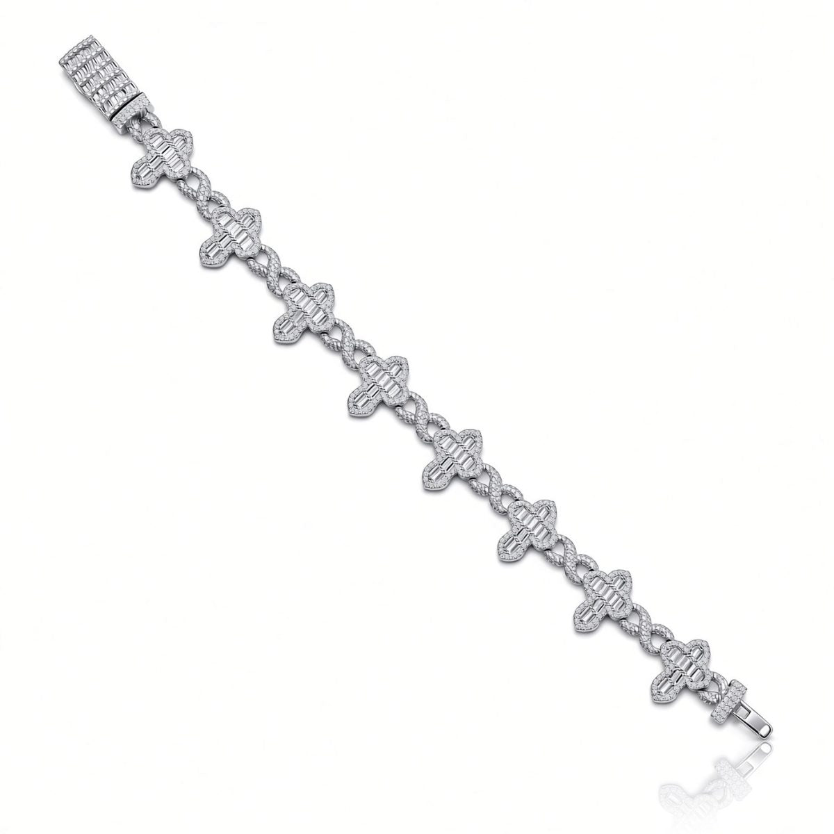 11.5mm men's open infinity cross bracelet in 925 sterling silver, rhodium plated, set with cubic zirconia stones