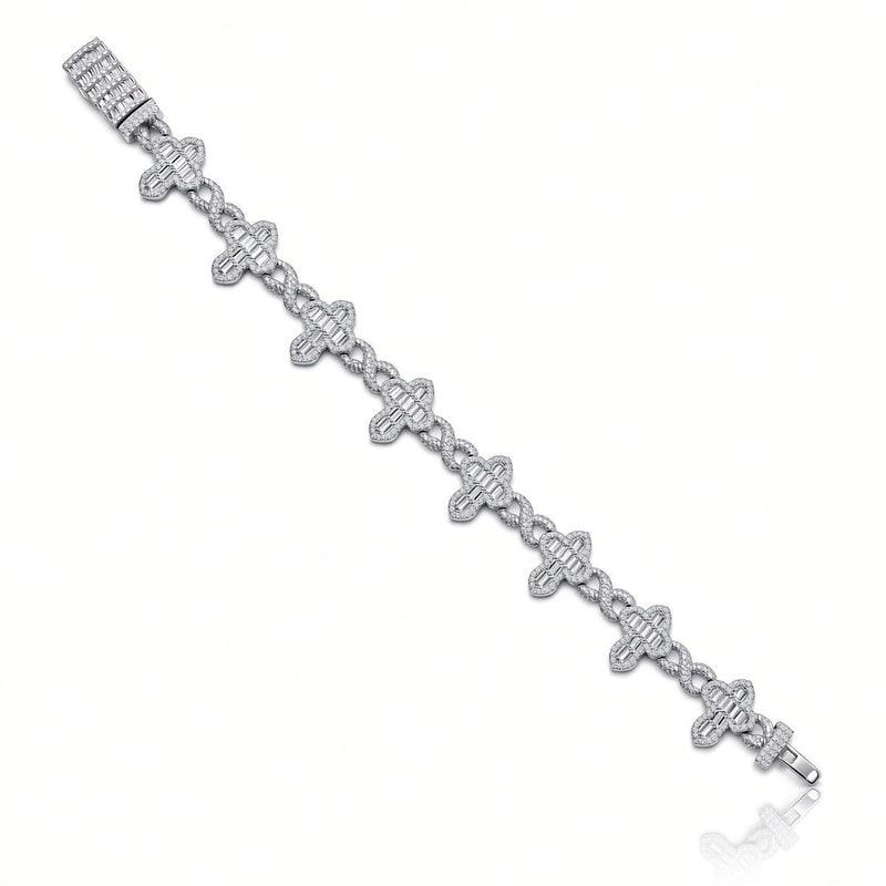 11.5mm men's open infinity cross bracelet in 925 sterling silver, rhodium plated, set with cubic zirconia stones