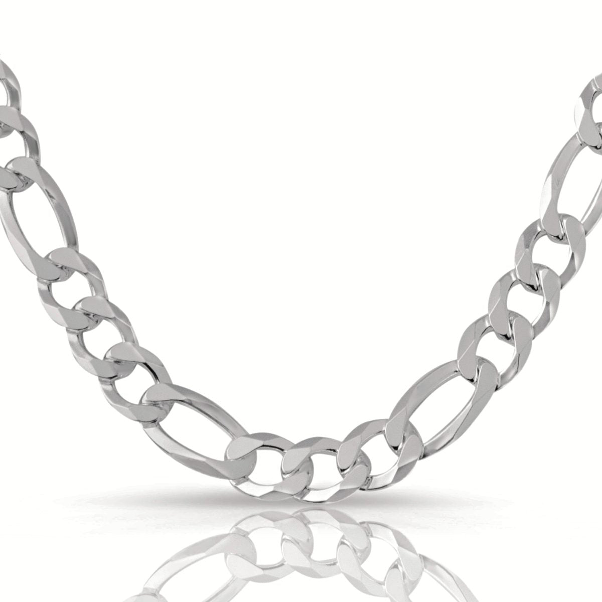 10.5mm Figaro chain in 925 sterling silver, rhodium plated, made in Italy