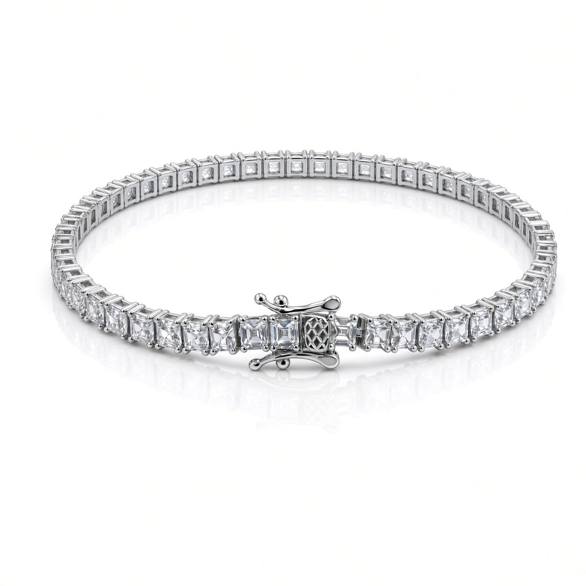 4mm princess-cut tennis bracelet in 925 sterling silver, rhodium plated, set with cubic zirconia stones