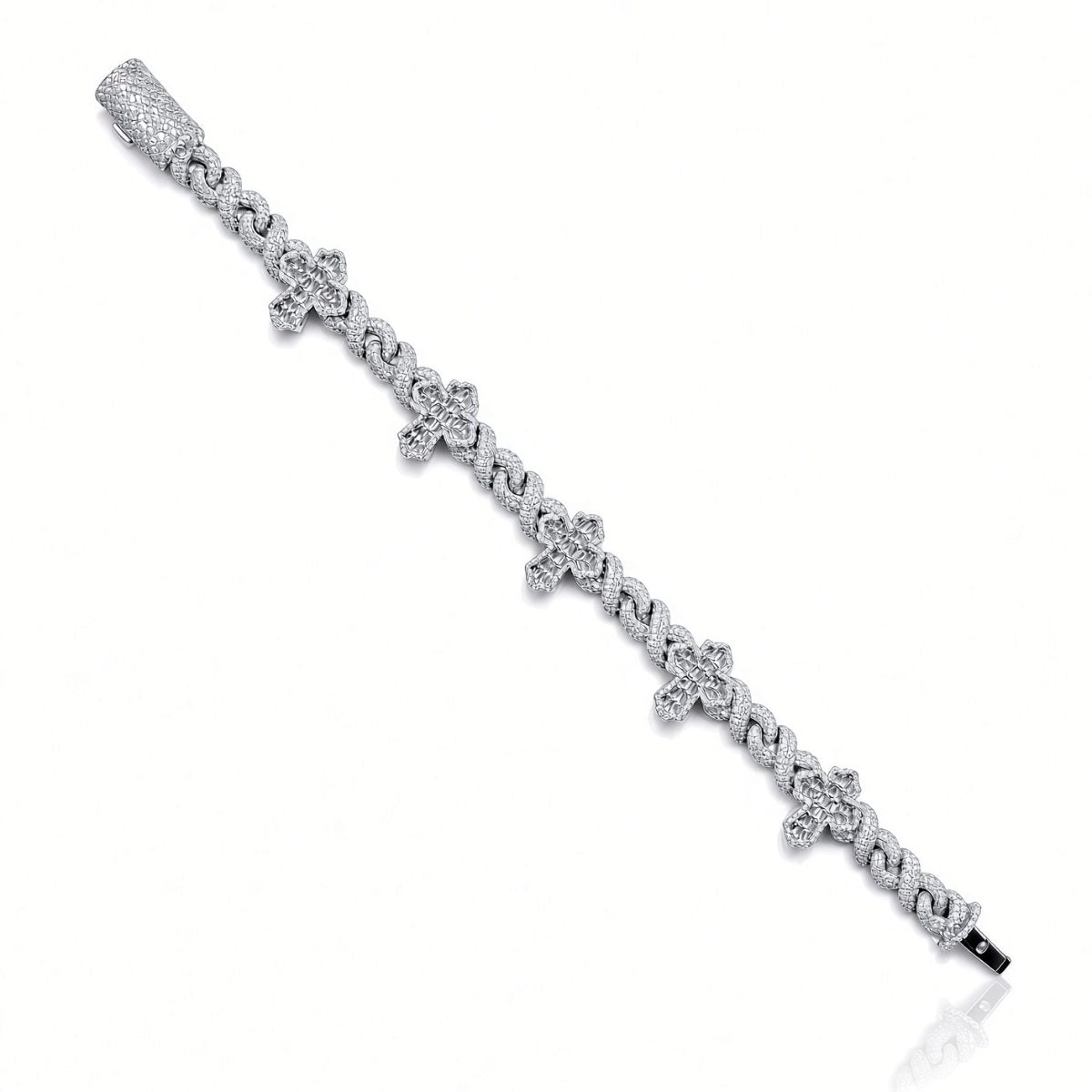 11.5mm men's infinity cross bracelet in 925 sterling silver, rhodium plated, set with cubic zirconia stones