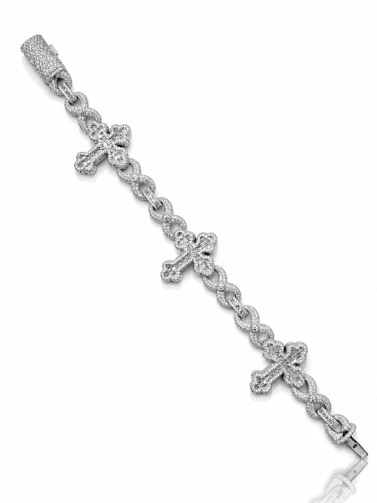 27mm men's infinity cross bracelet in 925 sterling silver, rhodium plated, set with cubic zirconia stones