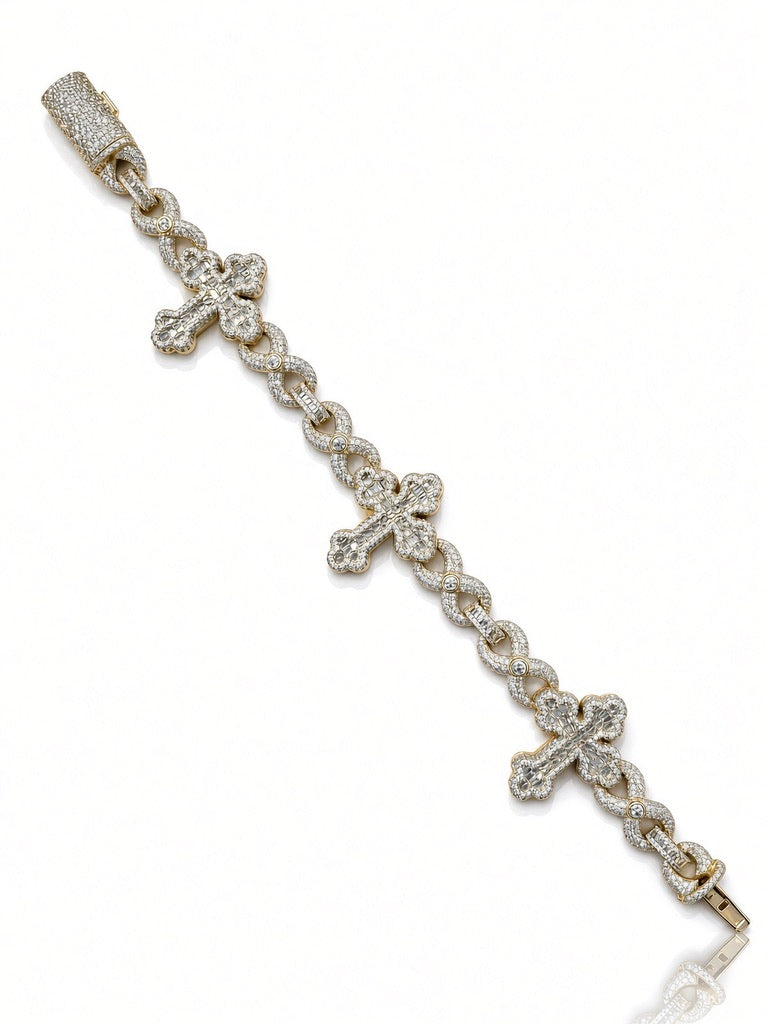27mm men's infinity cross bracelet in 925 sterling silver, gold plated, set with cubic zirconia stones