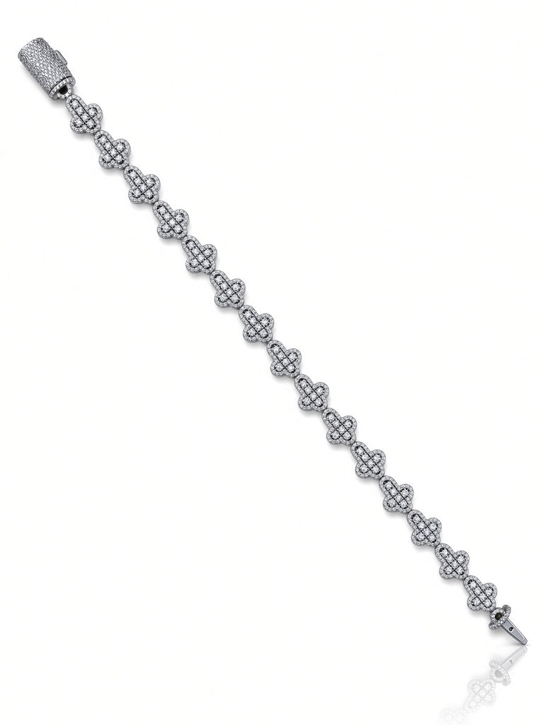 10mm men's pave cross link bracelet in 925 sterling silver, rhodium plated, set with cubic zirconia stones