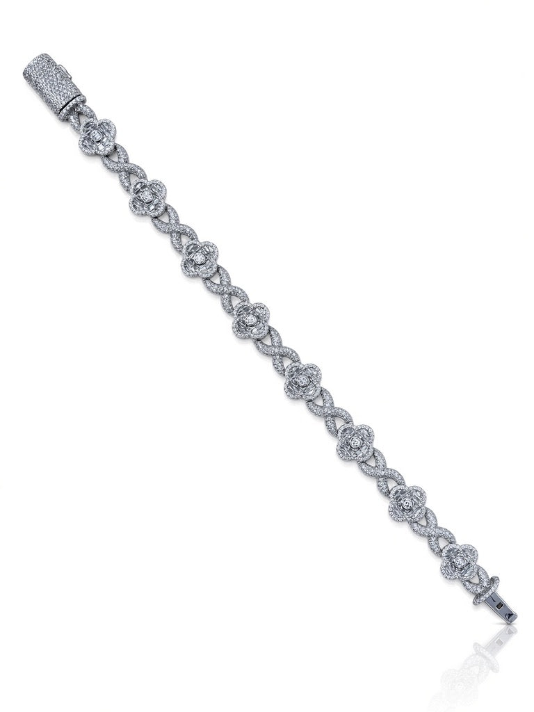 13mm men's infinity flower bracelet in 925 sterling silver, rhodium plated, set with cubic zirconia stones