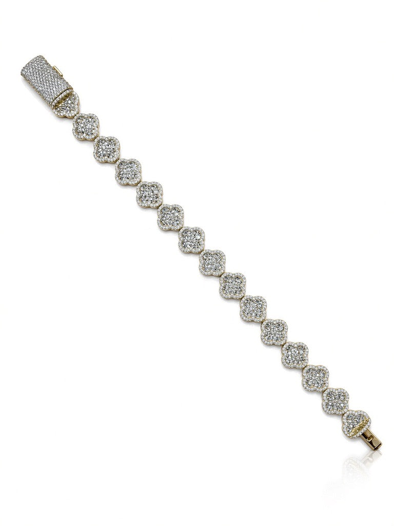 13.5mm men's flower station bracelet in 925 sterling silver, gold plated, set with cubic zirconia stones