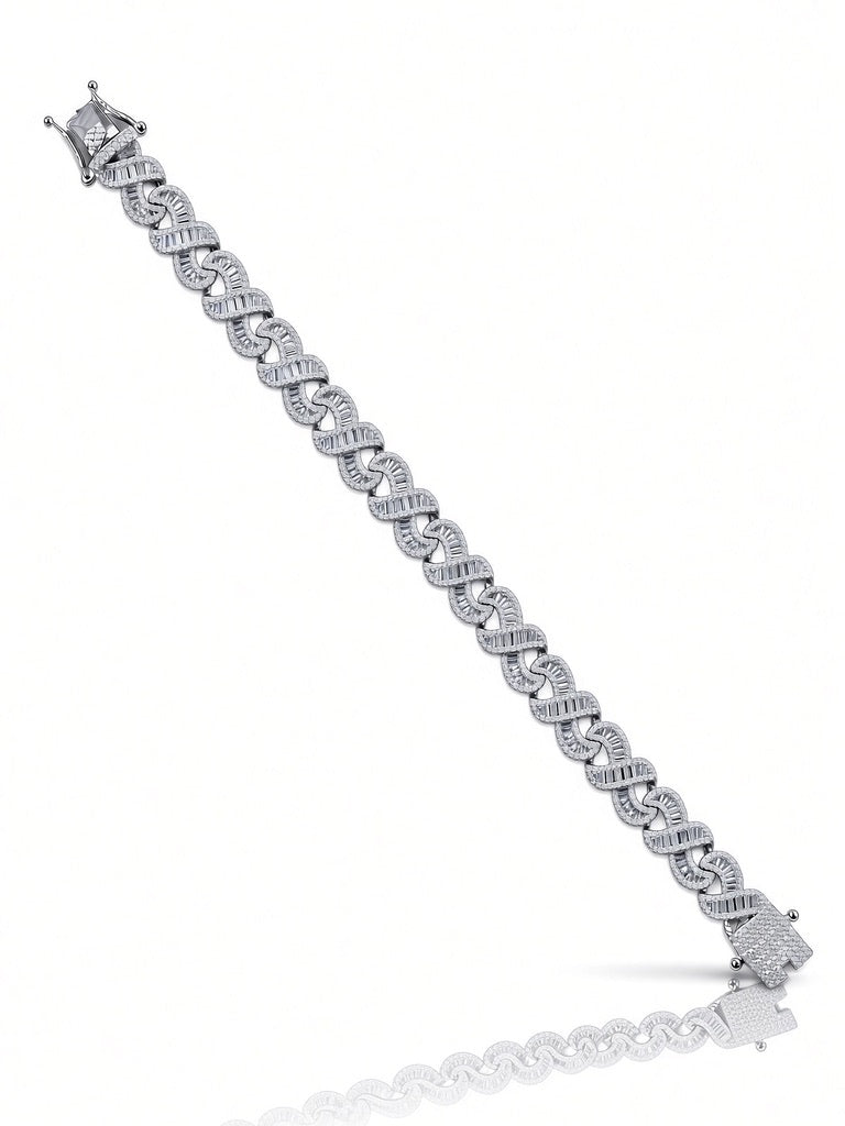 12mm men's baguette infinity bracelet in 925 sterling silver, rhodium plated, set with cubic zirconia stones